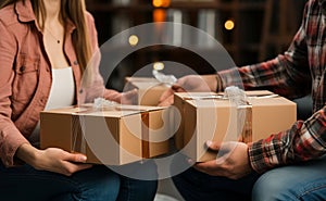 Starting anew: Close-up depicts couple\'s hands holding boxes, signifying their home journey.