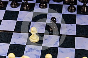 Starting game of chess on chessboard. Game concept