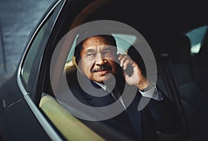 Starting his workday with an important call. a mature businessman using his phone while traveling in a car.