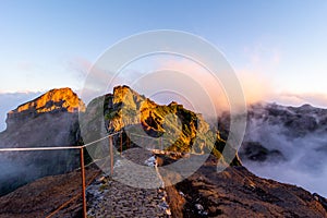 Starting pathway to Pico Ruivo peak at golden hour, Madeira, Portugal.