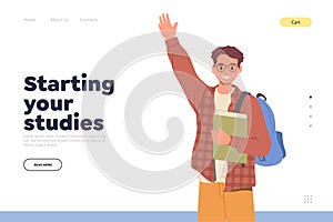 Starting your study landing page design template for online service with happy smiling young student