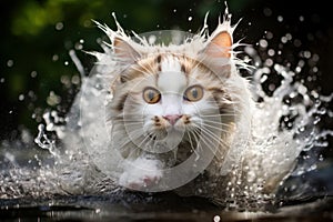 Startled Cat splashing water run. Generate Ai