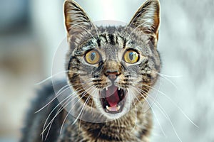 Startled Cat With Wideopen Mouth, Yellow Eyes, And Expressive Face photo