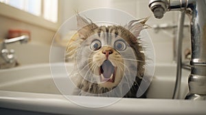 Startled kitty discovers the bathtub.