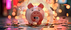 Startled Pink Piggy Bank Detonates, Coins Scatter As Its Eyes Widen In Shock photo