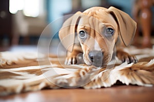 startled pup on faux fur mat