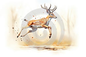 a startled springbok jumping agilely in the savanna