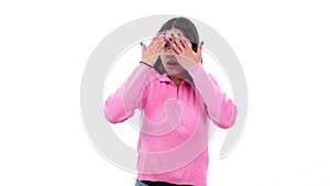Startled Young Caucasian Woman on White Background