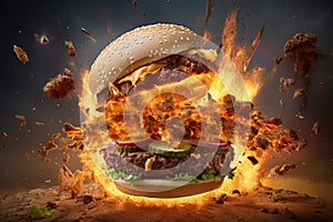 Startling Hamburger explosion. Grilled meal bun