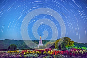 Startrails at Queen Pagoda of Doi Inthanon National Park, Chiangmai. Long Exposure with grain and Soft focus