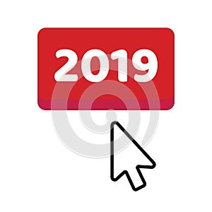 2019 almost starts, red button enter page with hand glove cursor pointer push button
