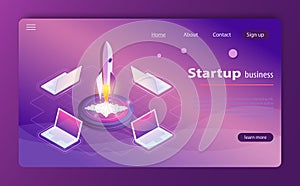 Startup 3d isometric style technology business concept web infographics vector illustration.