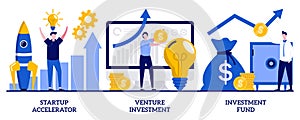 Startup accelerator, venture investment, investment fund concept with tiny people. Business incubator abstract vector illustration