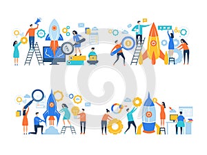 Startup business characters. Rocket launch success people making work freedom career managers office vector business