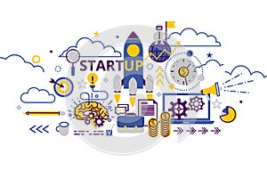 Startup business concept horizontal banner in flat line stile. Creative vector illustration with a lot of business icons