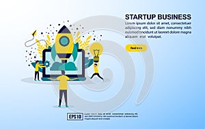 Startup business concept with icon and character. Template for web landing page, banner, presentation, social media, poster,