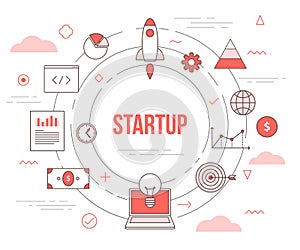 Startup business concept with icon set template banner with modern orange color style