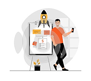 Startup business concept. Man creating business plan, develops idea, creates new successful project and launches rocket. photo