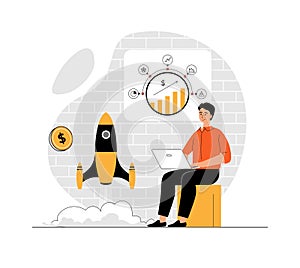 Startup business concept. Man working at laptop, launch startup, develops new company, analysis data and income profit photo