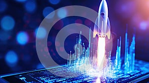 Startup business concept showing a rocket launching in smartphone with growth chart and binary code from background