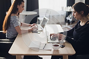 Startup business concept with two young girls in modern bright office interior working on laptops and tablet computers