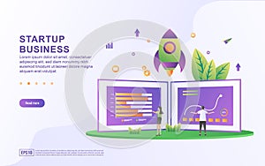 Startup business illustration concept. Business partnership concept, people analysis data graph, Progress monitoring. Suitable for