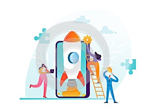 Startup Business Project Teamwork Concept. Business Characters Launching Rocket with Smartphone Modern Mobile Technology