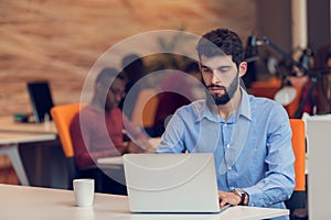 Startup business, software developer working on computer at modern office