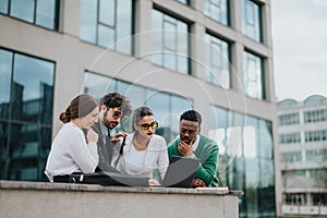 Startup colleagues collaborating on a project outdoors with laptops