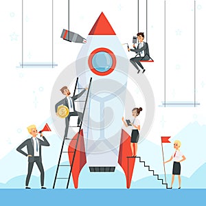 Startup concept. Business characters launch new project shuttle rocket symbols success startup freedom dream ship vector