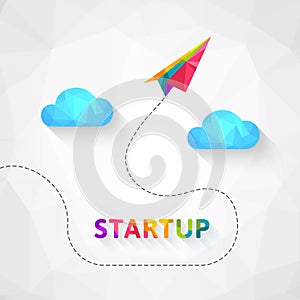 Startup concept with colorful paper aeroplane in low poly design