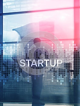 Startup concept with double exposure diagrams blurred background. Abstract Cover Design Vertical Format