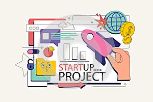 Startup concept in flat neo brutalism design for web. Vector illustration