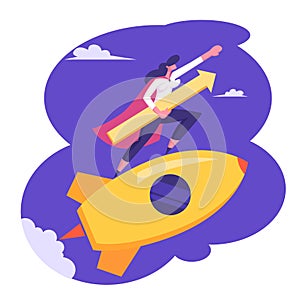 Startup Concept with Happy Superhero Businessperson Character Flying on Rocket in Sky with Arrow Underarm