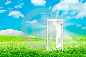 Startup concept open door with bright light sun. Naure green field background. Door of new world, Copy space