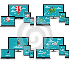 Startup concept, paper plane, air balloon, rocket, turtle, vector, illustration, laptop, tablet, monitor, cellphone, electronics,