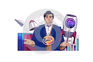 Startup concept with people scene in flat cartoon design for web. Businessman starting and developing company, achieving ambition