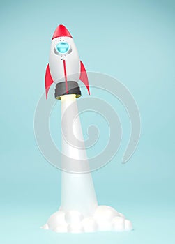 Startup concept with rocket flying on Bule pastel background.3D illustration