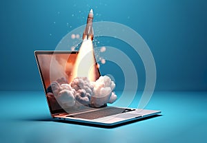 Startup concept with rocket flying out of computer laptop screen