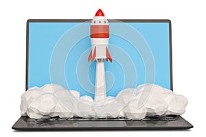 Startup concept with rocket flying out of laptop screen on white