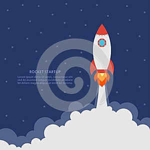 Startup concept with rocket launch. Business banner with spaceship. Development and advanced project. Vector.