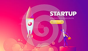 Startup Concept. Rocket launch icon - can be used to illustrate cosmic topics or a business startup, launching of a new