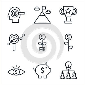 startup and development line icons. linear set. quality vector line set such as work team, saving, vision, investment, investment