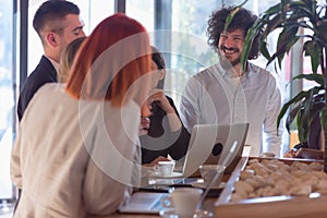 Startup Diversity Teamwork Brainstorming Meeting Concept.Business Team Coworkers Sharing World Economy Report Document Laptop.