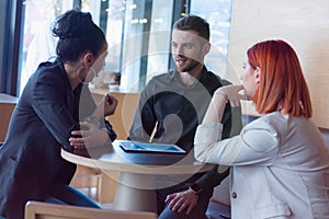 Startup Diversity Teamwork Brainstorming Meeting Concept.Business Team Coworkers Sharing World Economy Report Document Laptop.