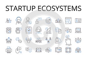 Startup Ecosystems line icons collection. Business Nerks, Entrepreneurial Ecosystems, Innovation Hubs, Corporate