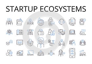 Startup Ecosystems line icons collection. Business Nerks, Entrepreneurial Ecosystems, Innovation Hubs, Corporate