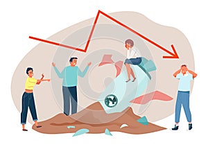 Startup financial failure, vector illustration, finance crisis graph with arrow down, sad flat woman character sit at