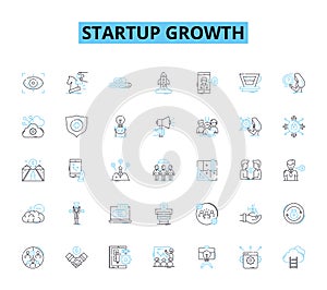 Startup growth linear icons set. Innovation, Scaling, Expansion, Funding, Traction, Marketing, Sales line vector and