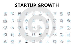 Startup growth linear icons set. Innovation, Scaling, Expansion, Funding, Traction, Marketing, Sales vector symbols and